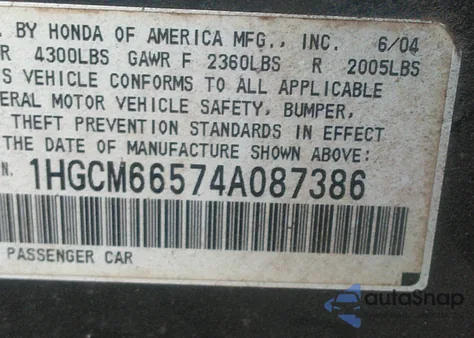 2004 Honda Accord Sdn Ex from USA, damaged, VIN 1HGCM66574A087386
